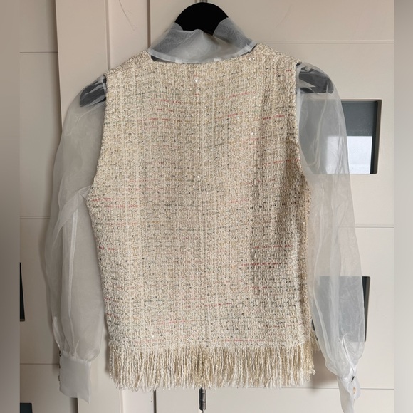 BNWT Zara Sequins Tweed Fringes Vest Sheer Organza Neck tie women’s blouse top M - Picture 6 of 10